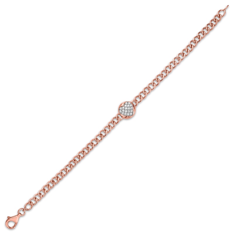Main Image 3 of Diamond Heart Disc Cuban Curb Chain Bracelet 1/4 ct tw 10K Rose Gold 7"