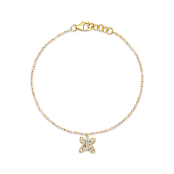 Baguette & Round-Cut Diamond Butterfly Drop Chain Bracelet 1/6 ct tw 10K Yellow Gold 7"