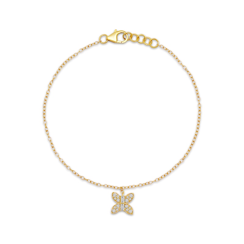 Main Image 1 of Baguette & Round-Cut Diamond Butterfly Drop Chain Bracelet 1/6 ct tw 10K Yellow Gold 7&quot;
