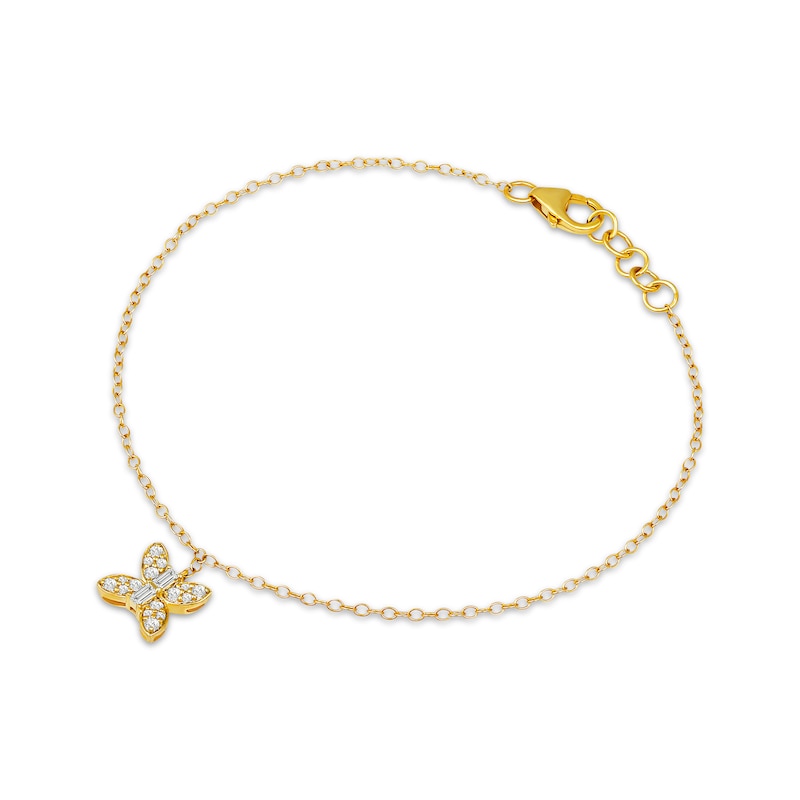 Main Image 2 of Baguette & Round-Cut Diamond Butterfly Drop Chain Bracelet 1/6 ct tw 10K Yellow Gold 7&quot;