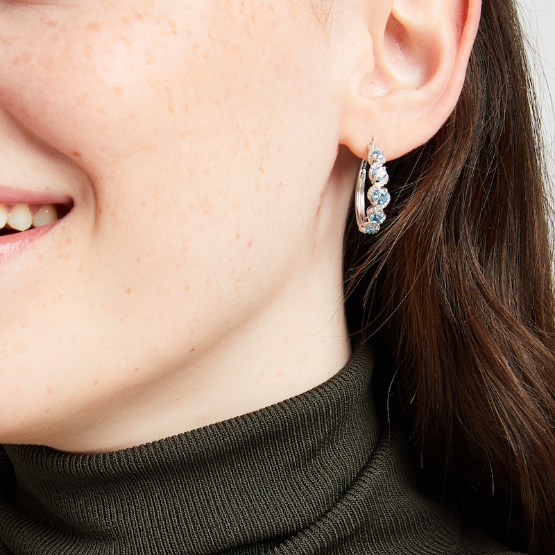 Main Image 4 of Swiss Blue Topaz & White Lab-Created Sapphire Swirl Hoop Earrings Sterling Silver