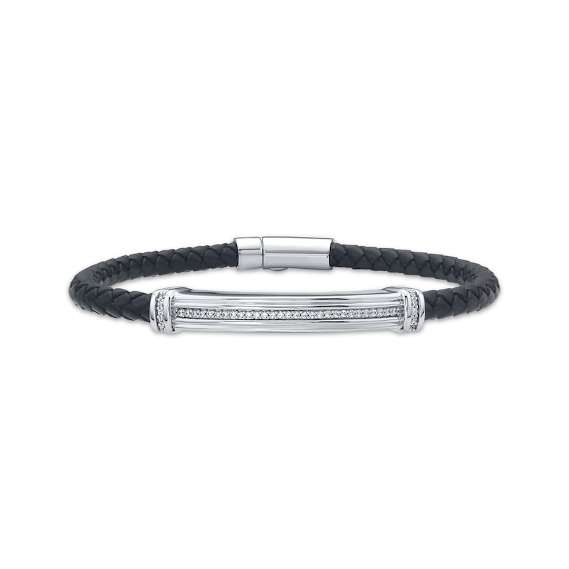 Main Image 1 of Men's Diamond ID Plate Leather Bracelet 1/4 ct tw Sterling Silver 8.5&quot;