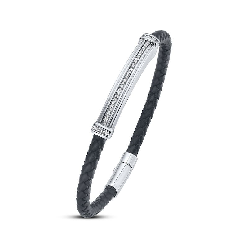 Main Image 2 of Men's Diamond ID Plate Leather Bracelet 1/4 ct tw Sterling Silver 8.5&quot;