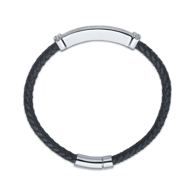 Main Image 3 of Men's Diamond ID Plate Leather Bracelet 1/4 ct tw Sterling Silver 8.5&quot;