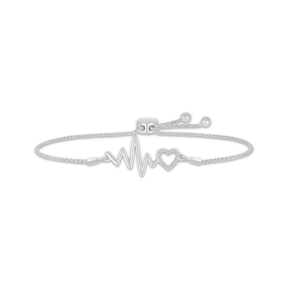 Diamond Heartbeat & Heart Bolo Bracelet 1/5 ct tw Sterling Silver