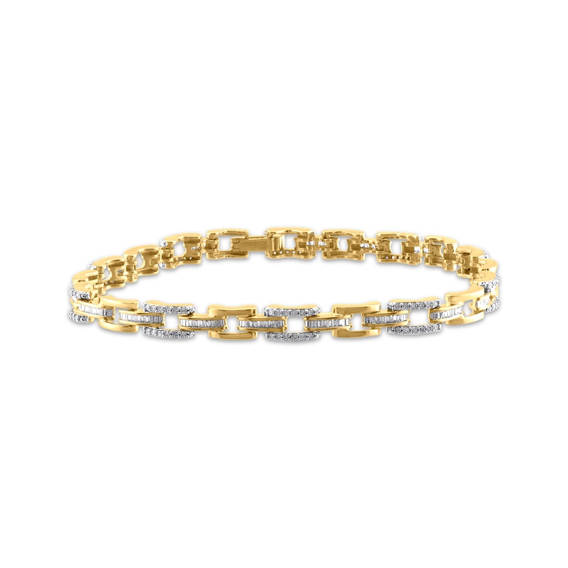 Round & Baguette-Cut Diamond Link Bracelet 1 ct tw 10K Yellow Gold 7"
