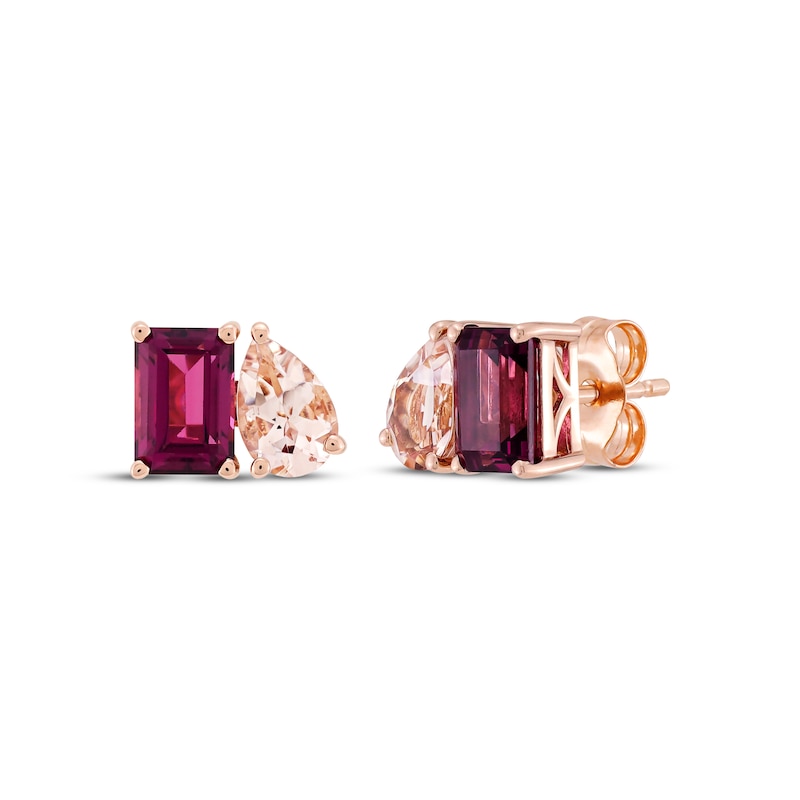 Toi et Moi Emerald-Cut Rhodolite Garnet & Pear-Shaped Morganite Earrings 10K Rose Gold