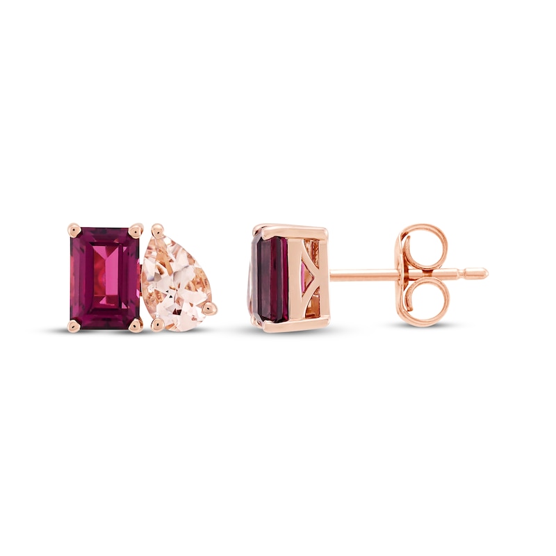 Toi et Moi Emerald-Cut Rhodolite Garnet & Pear-Shaped Morganite Earrings 10K Rose Gold