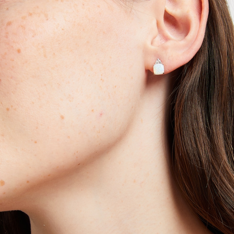 Main Image 4 of Cushion-Cut Lab-Created Opal & White Lab-Created Sapphire Stud Earrings Sterling Silver