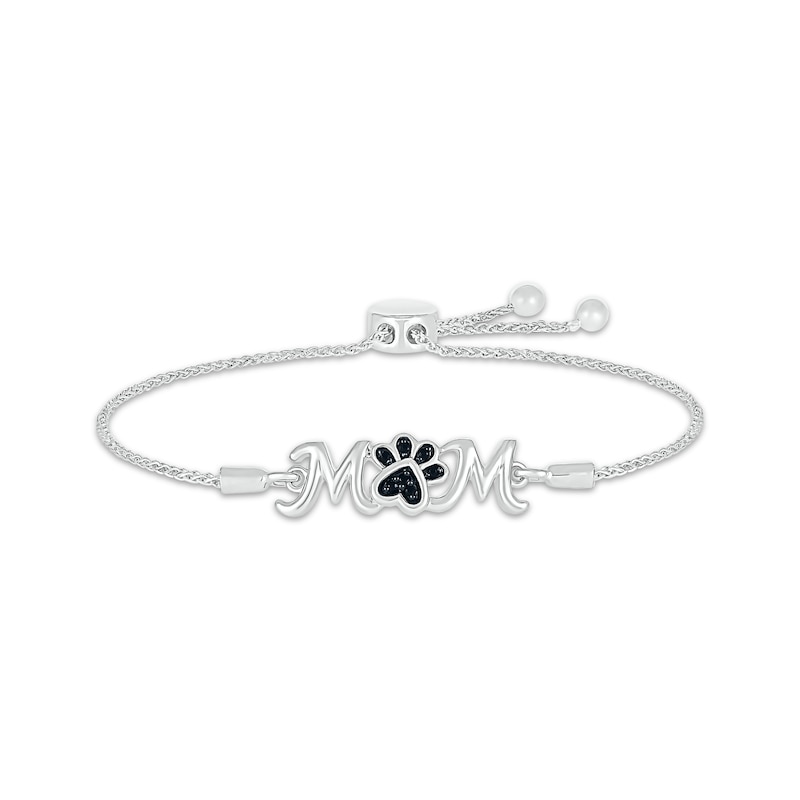 Black Diamond Accent "Mom" Paw Print Bolo Bracelet Sterling Silver