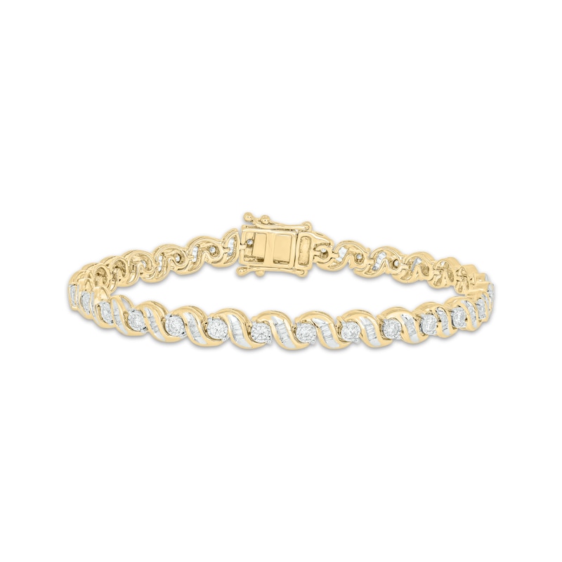 Main Image 1 of Baguette & Round-Cut Diamond S-Link Bracelet 1-3/4 ct tw 10K Yellow Gold 7&quot;