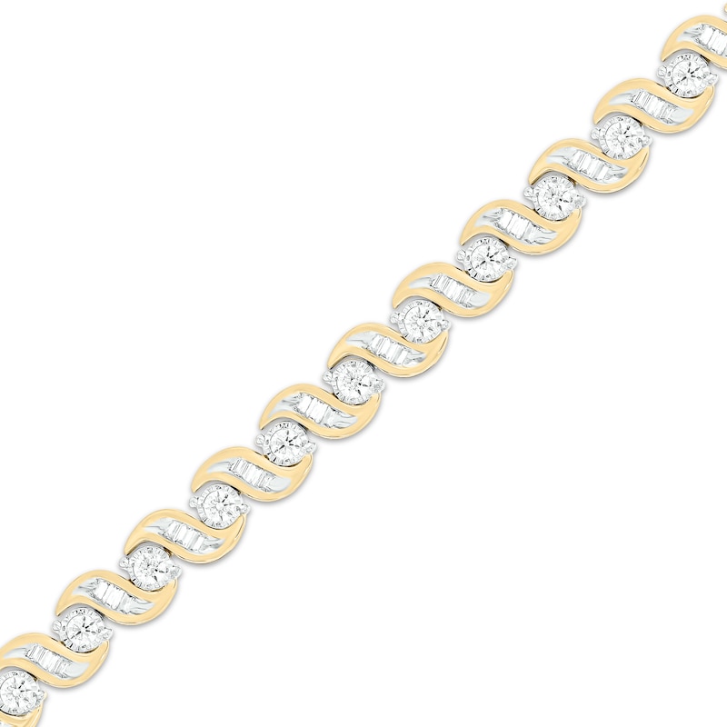 Main Image 2 of Baguette & Round-Cut Diamond S-Link Bracelet 1-3/4 ct tw 10K Yellow Gold 7&quot;