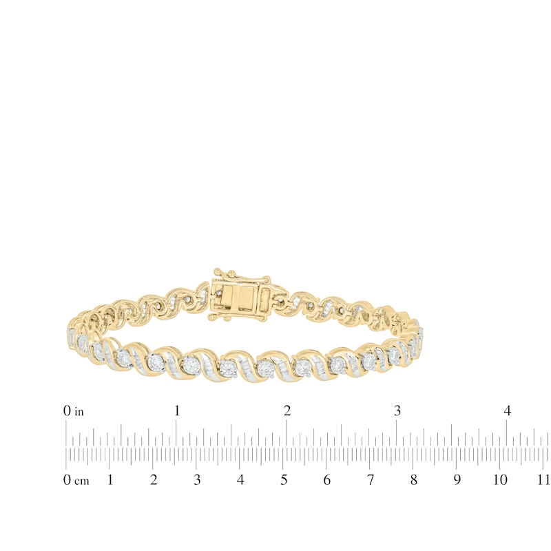 Baguette & Round-Cut Diamond S-Link Bracelet 1-3/4 ct tw 10K Yellow Gold 7"