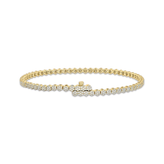 Multi-Diamond Flower Link Bracelet with Magnetic Clasp 1-1/2 ct tw 10K Yellow Gold 7"