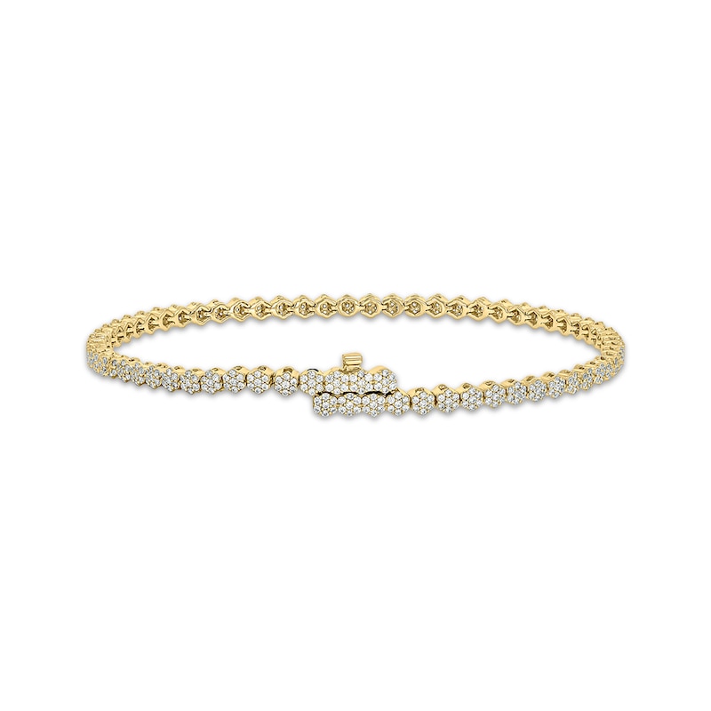 Multi-Diamond Flower Link Bracelet with Magnetic Clasp 1-1/2 ct tw 10K Yellow Gold 7"