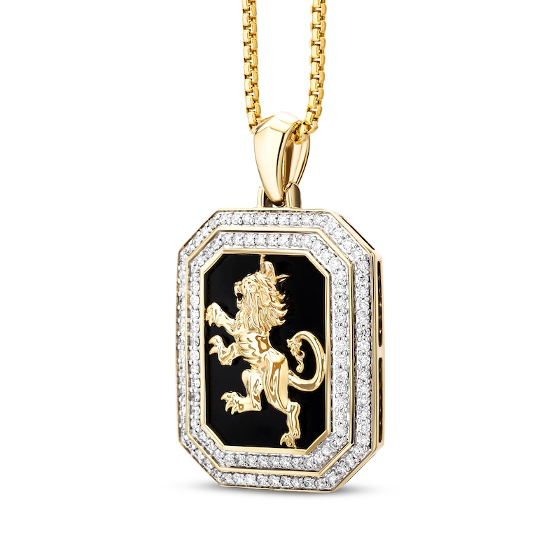 Men's Diamond & Black Onyx Lion Crest Octagon Necklace 3/4 ct tw 10K Yellow Gold 22"