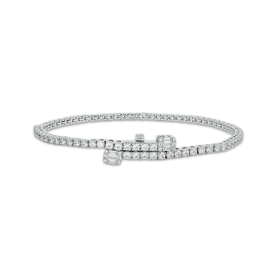 Baguette & Round-Cut Diamond Tennis Bracelet with Magnetic Clasp 3 ct tw 10K White Gold 7"