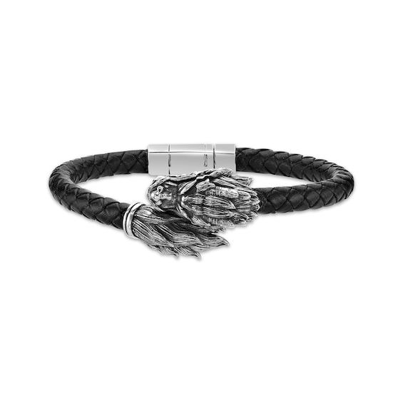 Men's Dragon Head & Tail Leather Bracelet Oxidized Sterling Silver 8.5"