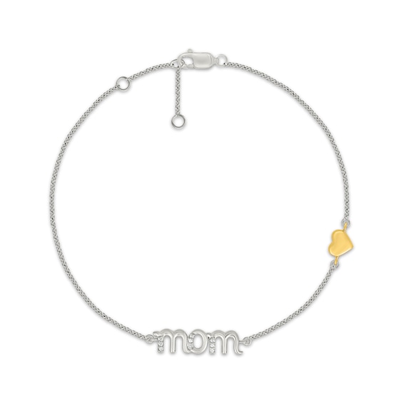 "Mom" Diamond & Heart Charm Bracelet 1/20 ct tw Sterling Silver & 10K Yellow Gold 7.5"