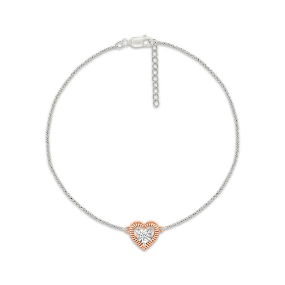 Diamond Accent Textured Heart Anklet Sterling Silver & 10K Rose Gold 10"