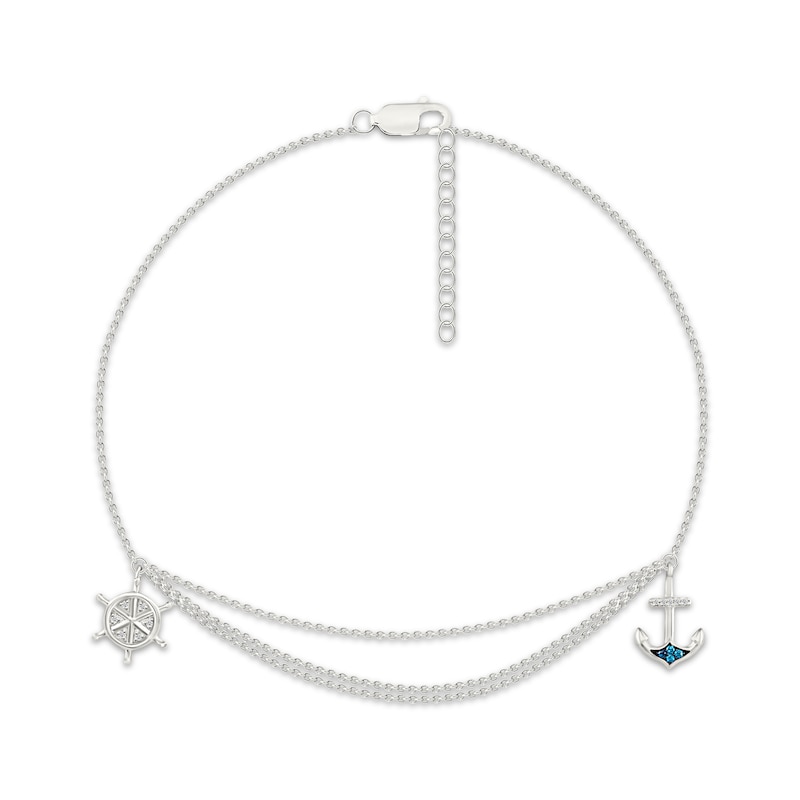 Main Image 1 of Blue & White Diamond Wheel & Anchor Layered Anklet 1/20 ct tw Sterling Silver 10&quot;