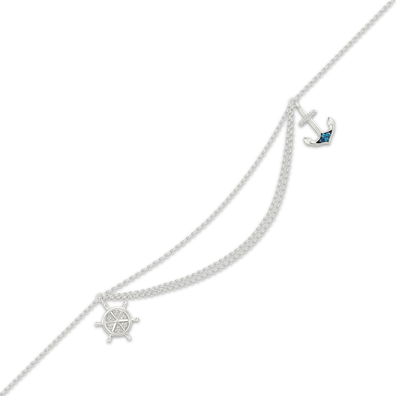 Main Image 2 of Blue & White Diamond Wheel & Anchor Layered Anklet 1/20 ct tw Sterling Silver 10&quot;