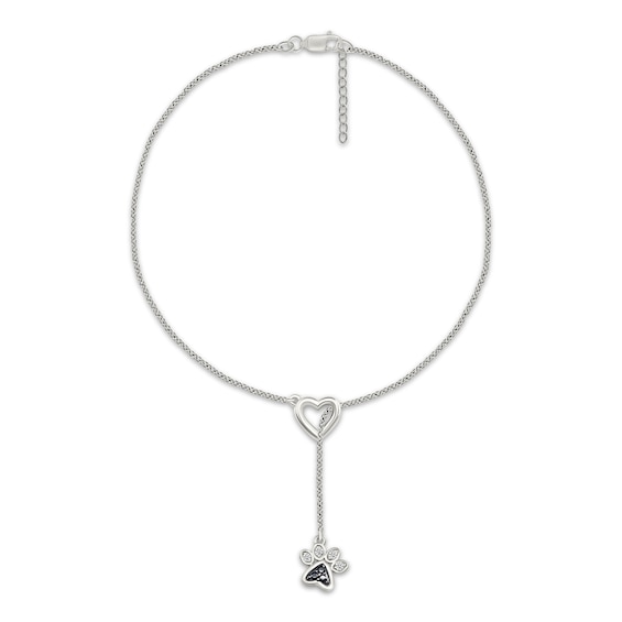 Black & White Diamond Heart & Paw Print Dangle Anklet 1/20 ct tw Sterling Silver 10"
