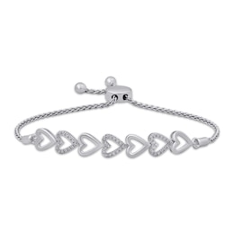 Diamond Alternating Sideways Hearts Bolo Bracelet 1/8 ct tw Sterling Silver 9.5"