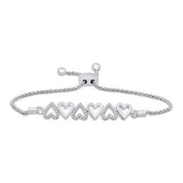 Diamond Alternating Hearts Bolo Bracelet 1/8 ct tw Sterling Silver 9.5"