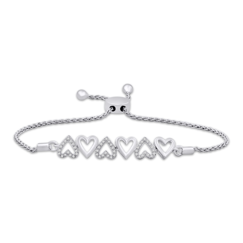 Main Image 1 of Diamond Alternating Hearts Bolo Bracelet 1/8 ct tw Sterling Silver 9.5&quot;