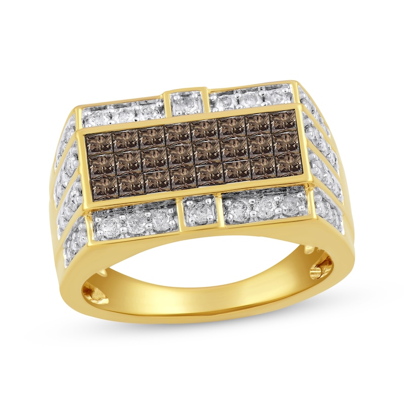 Main Image 1 of Men's Square-Cut Brown Diamond & White Diamond Ring 2 ct tw 10K Yellow Gold