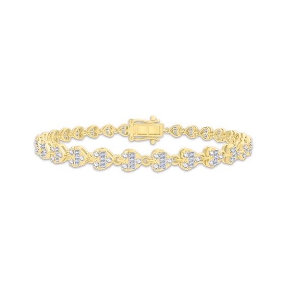 Baguette & Round-Cut Diamond Sideways Heart Link Bracelet 1 ct tw 10K Yellow Gold 7.25"