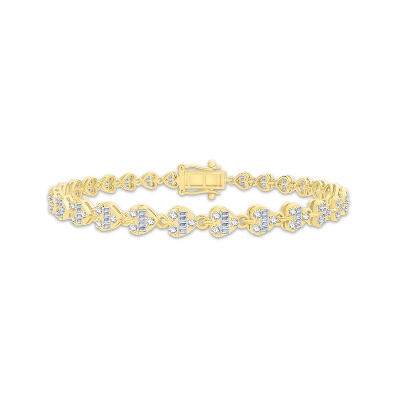 Main Image 1 of Baguette & Round-Cut Diamond Sideways Heart Link Bracelet 1 ct tw 10K Yellow Gold 7.25&quot;