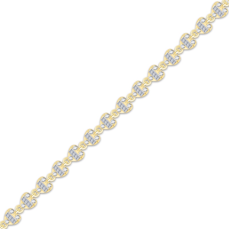 Main Image 2 of Baguette & Round-Cut Diamond Sideways Heart Link Bracelet 1 ct tw 10K Yellow Gold 7.25&quot;
