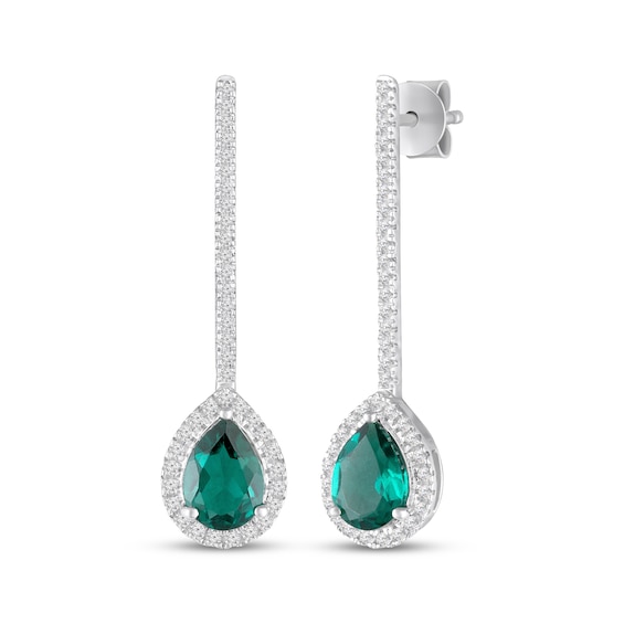 Pear-Shaped Lab-Created Emerald & White Lab-Created Sapphire Halo Drop Earrings Sterling Silver