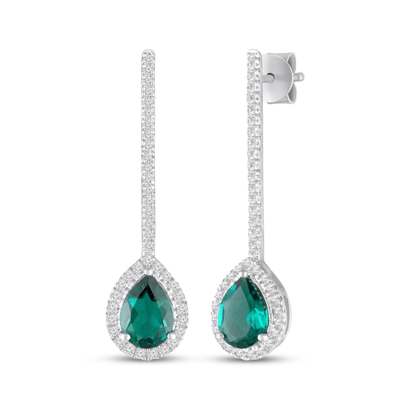 Main Image 1 of Pear-Shaped Lab-Created Emerald & White Lab-Created Sapphire Halo Drop Earrings Sterling Silver