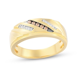 Men's Now + Forever Brown & White Diamond Diagonal Wedding Band 1/8 ct tw 10K Yellow Gold