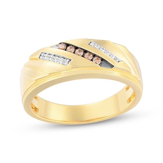 Men's Now + Forever Brown & White Diamond Diagonal Wedding Band 1/8 ct tw 10K Yellow Gold