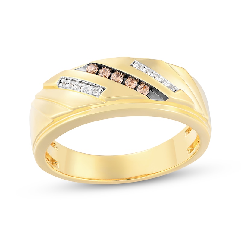 Main Image 1 of Men's Now + Forever Brown & White Diamond Diagonal Wedding Band 1/8 ct tw 10K Yellow Gold