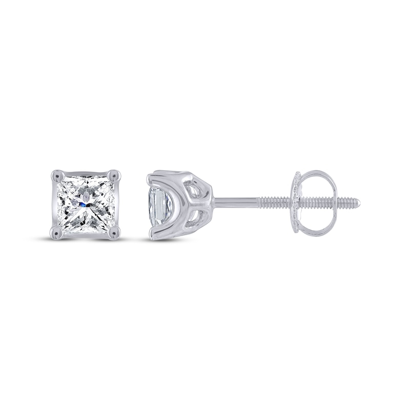 Main Image 3 of THE LEO Legacy Lab-Grown Diamond Princess-Cut Solitaire Stud Earrings 1 ct tw 14K White Gold (F/VS2)