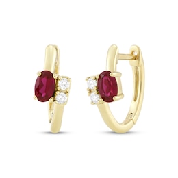 Oval-Cut Lab-Created Ruby & Diamond Bypass Huggie Hoop Earrings 1/5 ct tw 10K Yellow Gold