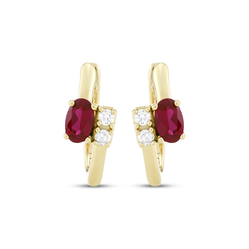 Main Image 2 of Oval-Cut Lab-Created Ruby & Diamond Bypass Huggie Hoop Earrings 1/5 ct tw 10K Yellow Gold