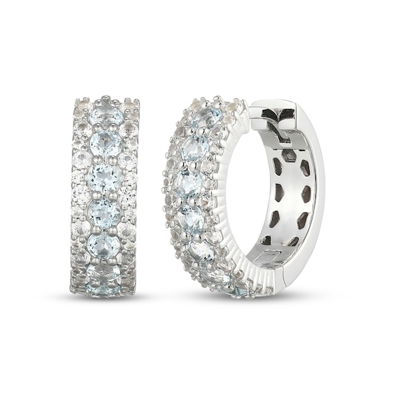 Aquamarine & White Lab-Created Sapphire Hoop Earrings Sterling Silver