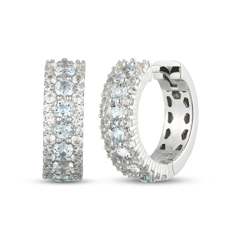 Main Image 1 of Aquamarine & White Lab-Created Sapphire Hoop Earrings Sterling Silver