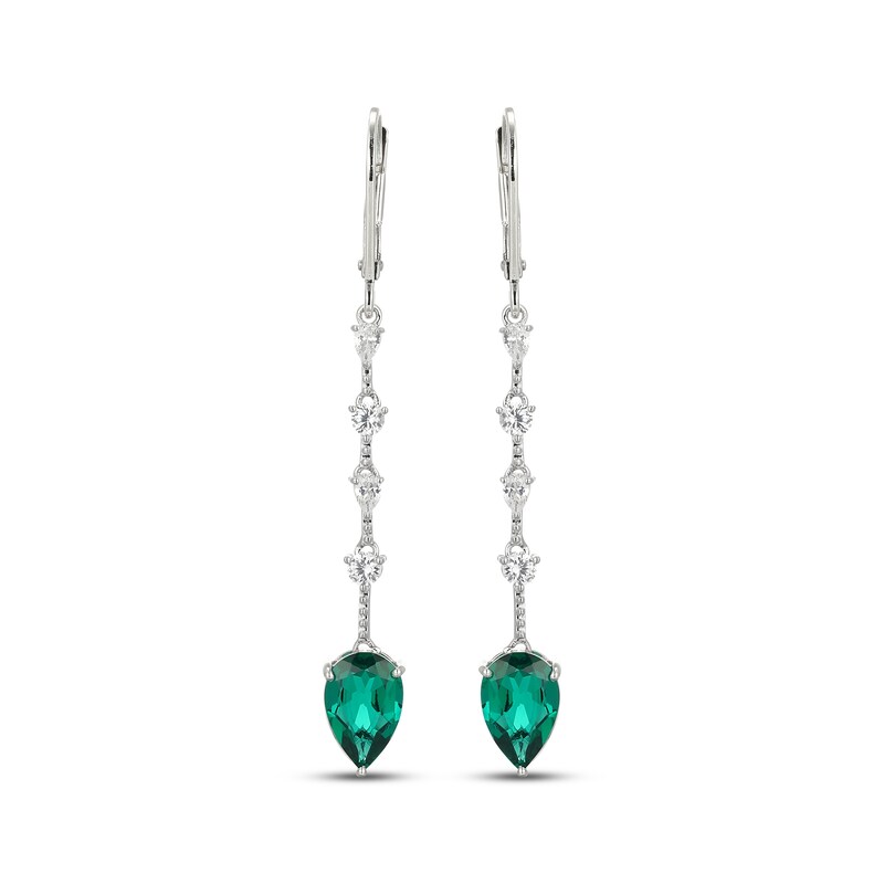 Main Image 2 of Pear-Shaped Lab-Created Emerald & White Lab-Created Sapphire Drop Earrings Sterling Silver