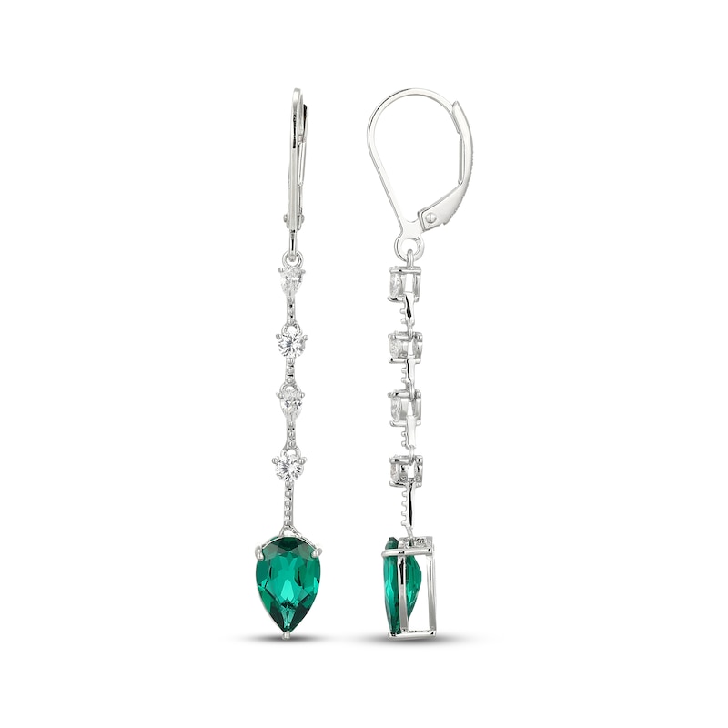 Main Image 3 of Pear-Shaped Lab-Created Emerald & White Lab-Created Sapphire Drop Earrings Sterling Silver