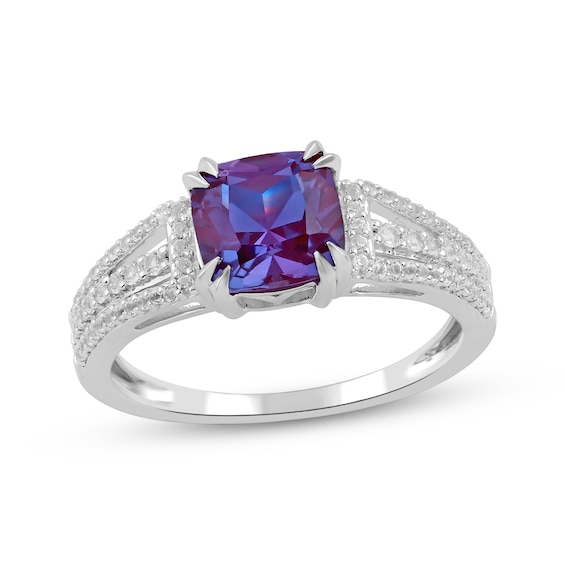 Cushion-Cut Lab-Created Alexandrite & White Lab-Created Sapphire Ring Sterling Silver