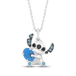 Disney Treasures Lilo & Stitch Lab-Created Opal, London Blue Topaz & Diamond Accent Necklace Sterling Silver 19"