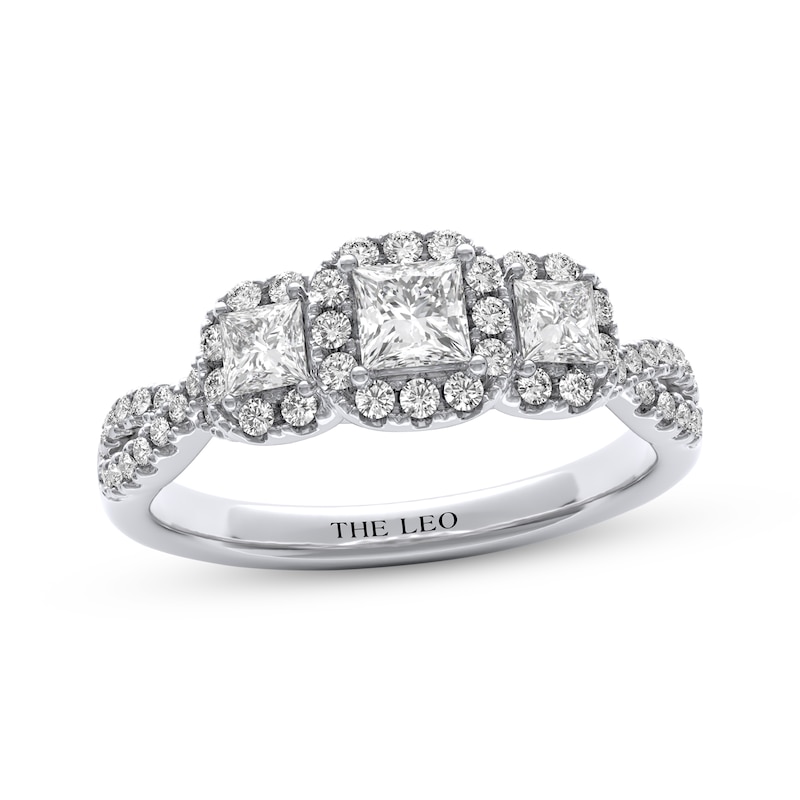 Main Image 1 of THE LEO Diamond Princess-Cut Three-Stone Halo Engagement Ring 1 ct tw 14K White Gold