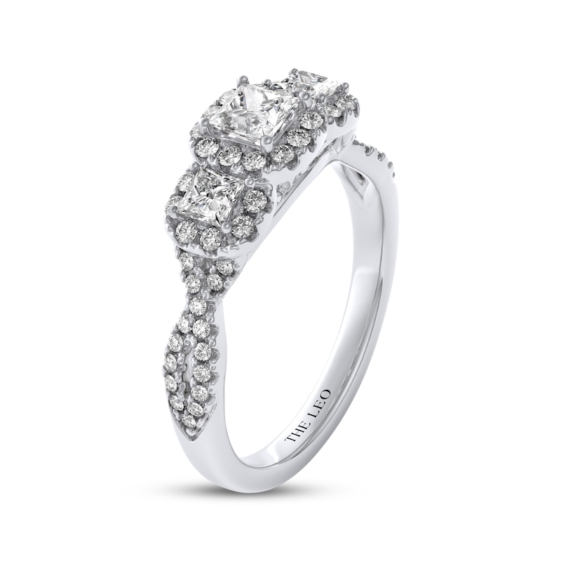 Main Image 2 of THE LEO Diamond Princess-Cut Three-Stone Halo Engagement Ring 1 ct tw 14K White Gold
